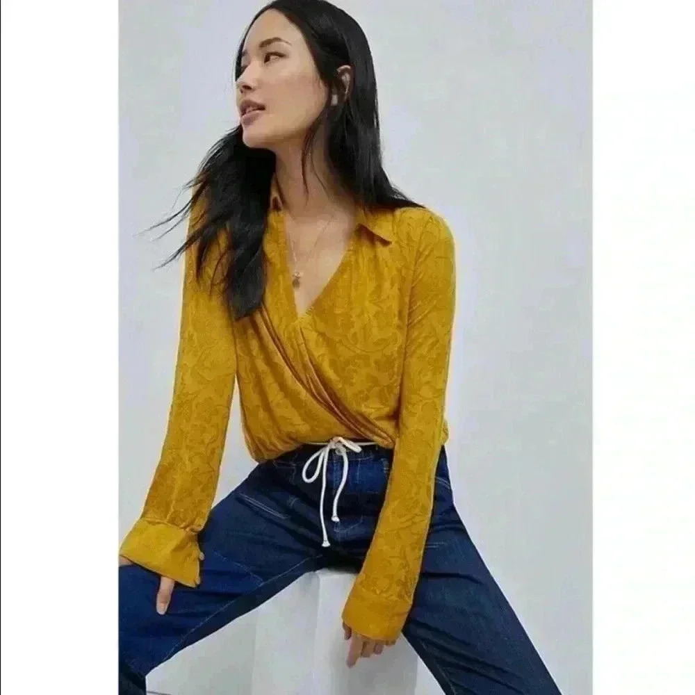Anthropologie Mustard Wrap Top